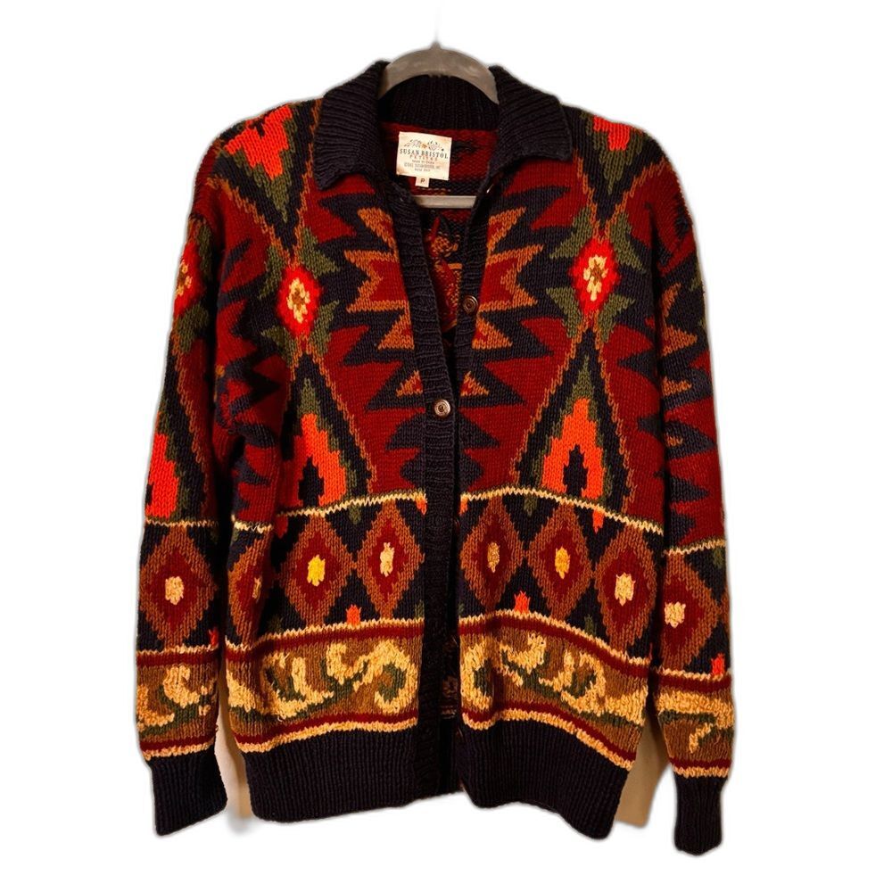 Hand Knit Red and Blue Geometric Cardigan | Oversized | Women's/ Unisex